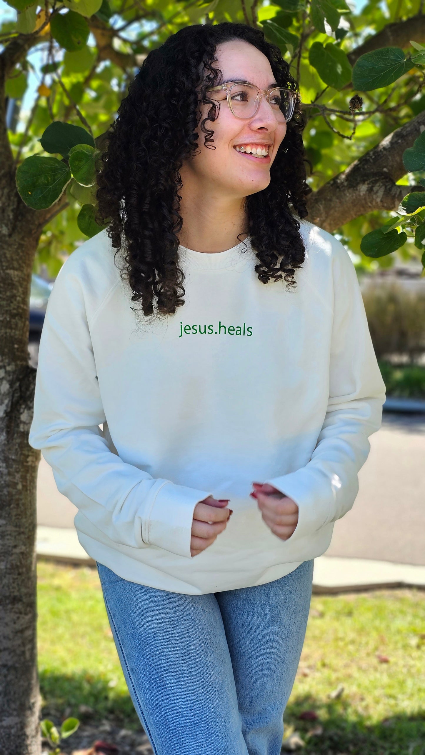 jesus.heals Slouchy Sweatshirt- Cream + Green