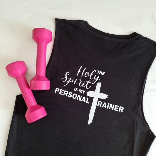 Black ladies muscle top with Holy Spirit is my personal trainer written on back only. Ink is white