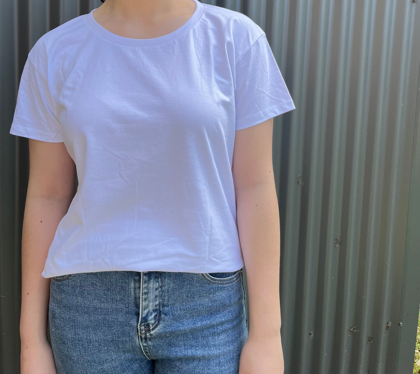 Womens fitted tee WHITE ONLY. FRONT blank . Print design - lion image with Australian Peacemakers quotation. "Peacemakers will support and defend the people of their God given rights"
