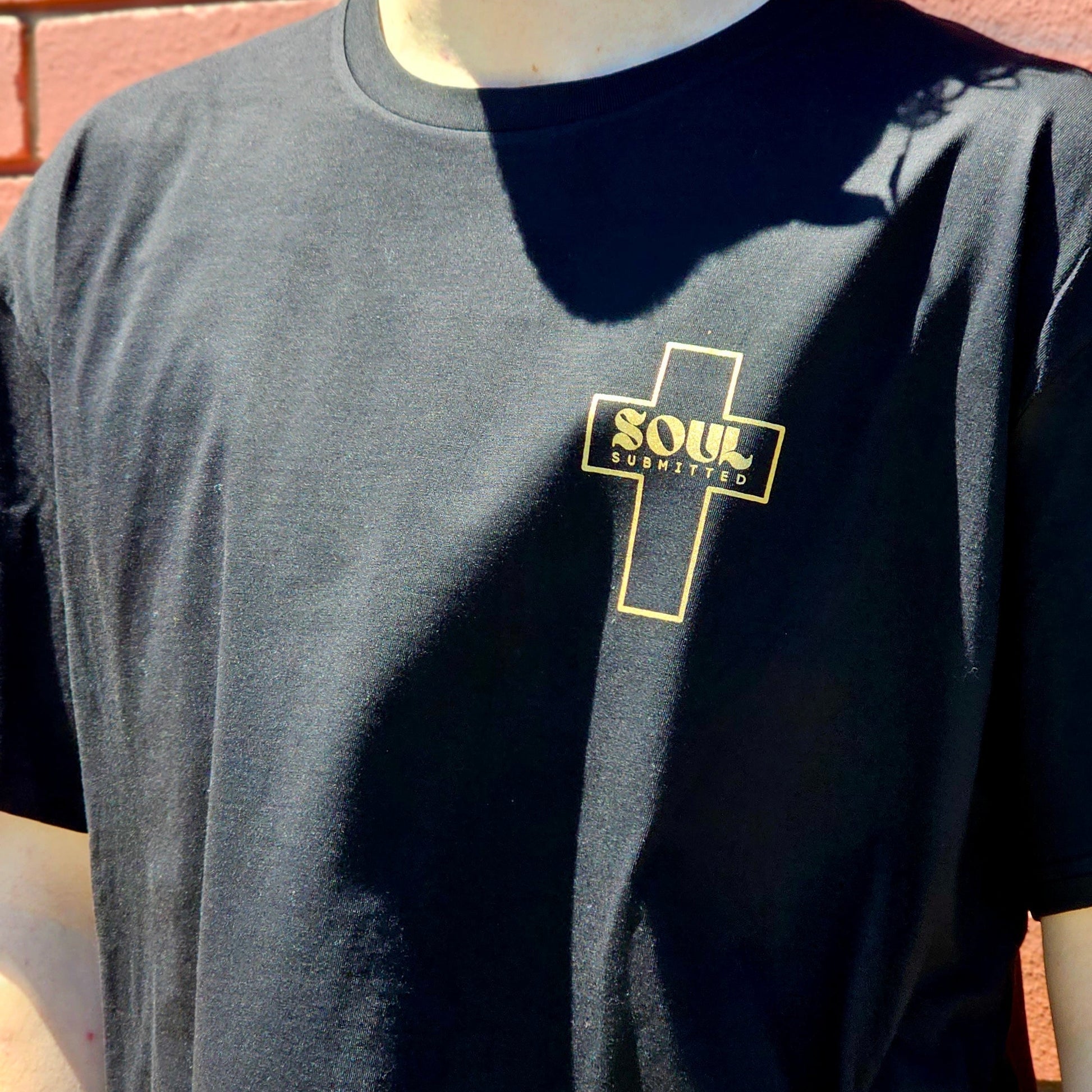 GOLD TEXT Soul Submitted on 
black t shirt 
