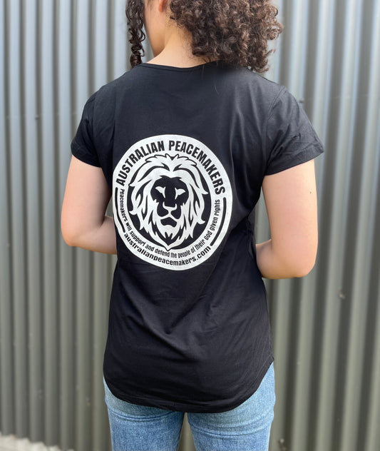 Black womens fitted tee with curved hem. FRONT blank - back print. Print design - lion image with Australian Peacemakers quotation. Peacemakers will support and defend the people of their God given rights. BLANK back