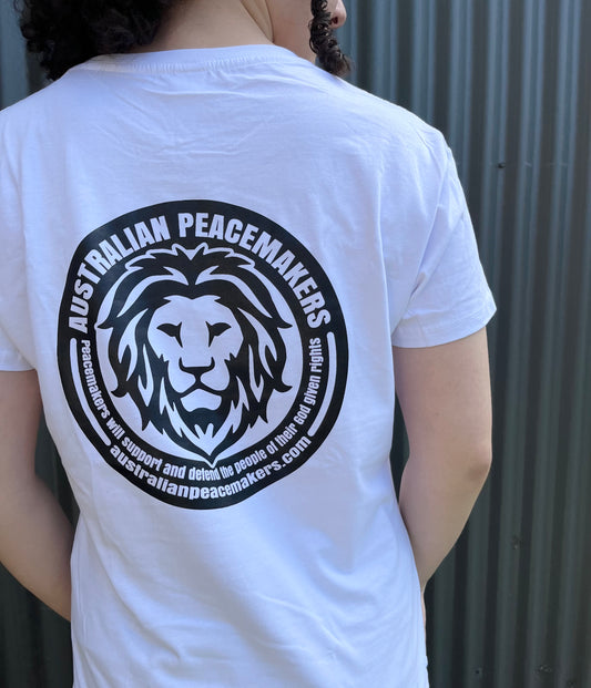 Womens fitted tee WHITE ONLY. FRONT blank . Print design - lion image with Australian Peacemakers quotation. "Peacemakers will support and defend the people of their God given rights"