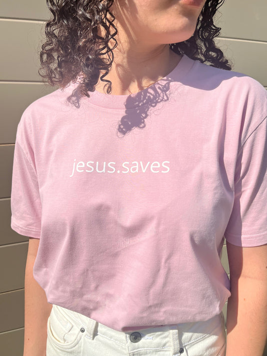 Wear your faith with the newest addition to our jesus.saves line. Our minimalistic jesus.saves design on  Blush Pink Classic T-shirts Helping you to wear your faith in a stylish and powerful way Pair with a Blush jesus.saves Lightweight Sweatshirt to create a matching fit! Material: 100% Australian Cotton Screenprinted with plastisol ink Details: Straight Hem High chest print Bottom right SSD print